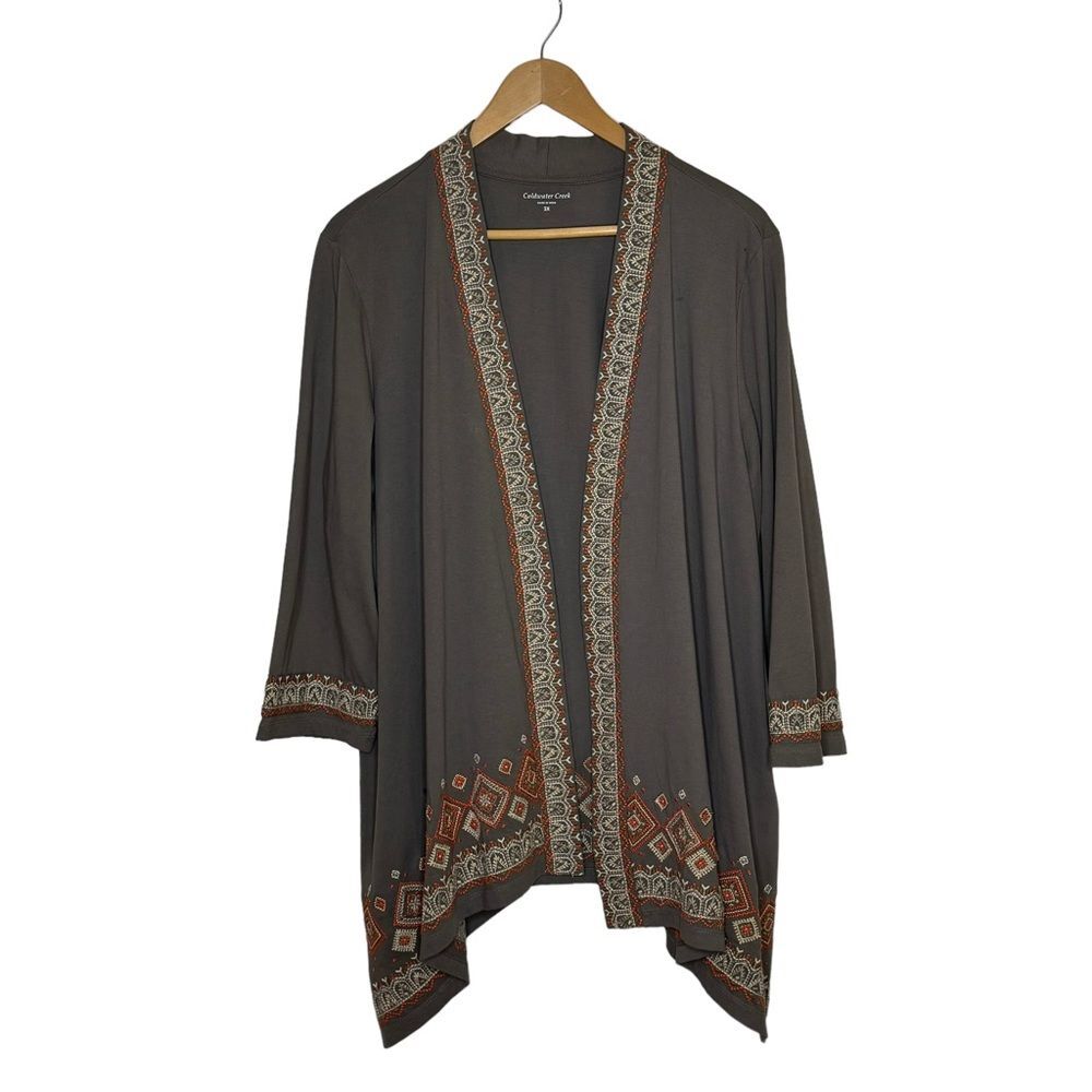 Coldwater Creek Women's Grey Open Front Cardigan Blazer Embroidery Detail Sz 2XL